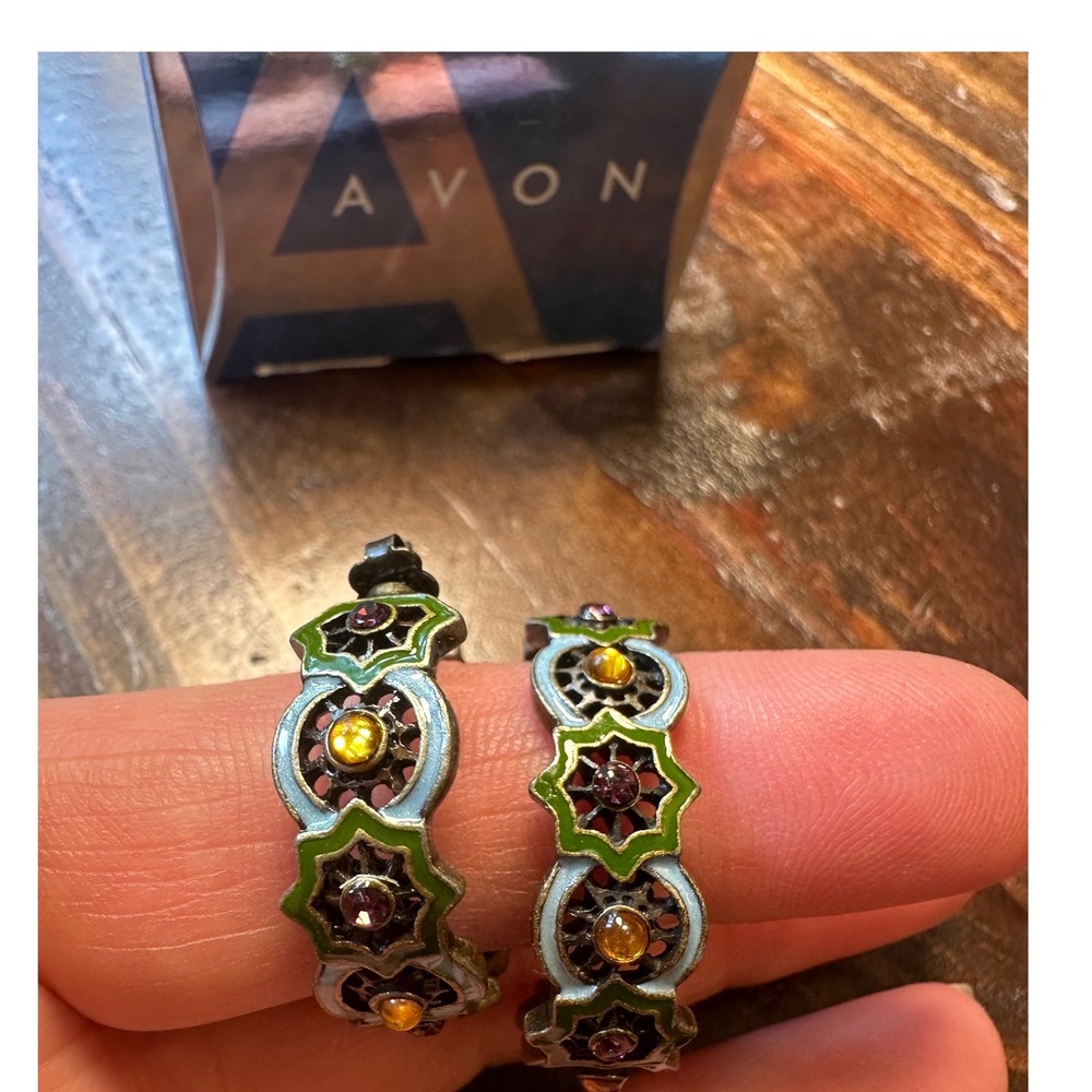 Avon 2007 Vintage Boho Enamel Hoop Earrings Bronze Tone Green Blue Star Retro‎